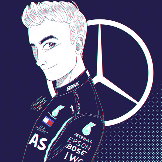 A monochromatic illustration of George Russell in his Mercedes race suit from the bust up in a side profile. He's facing the left but looking towards the viewer. Image is mostly in white and deep, navy blue. There's a half tone gradient in the background going from deep, navy blue to turquoise and a white Mercedes logo is in the background.