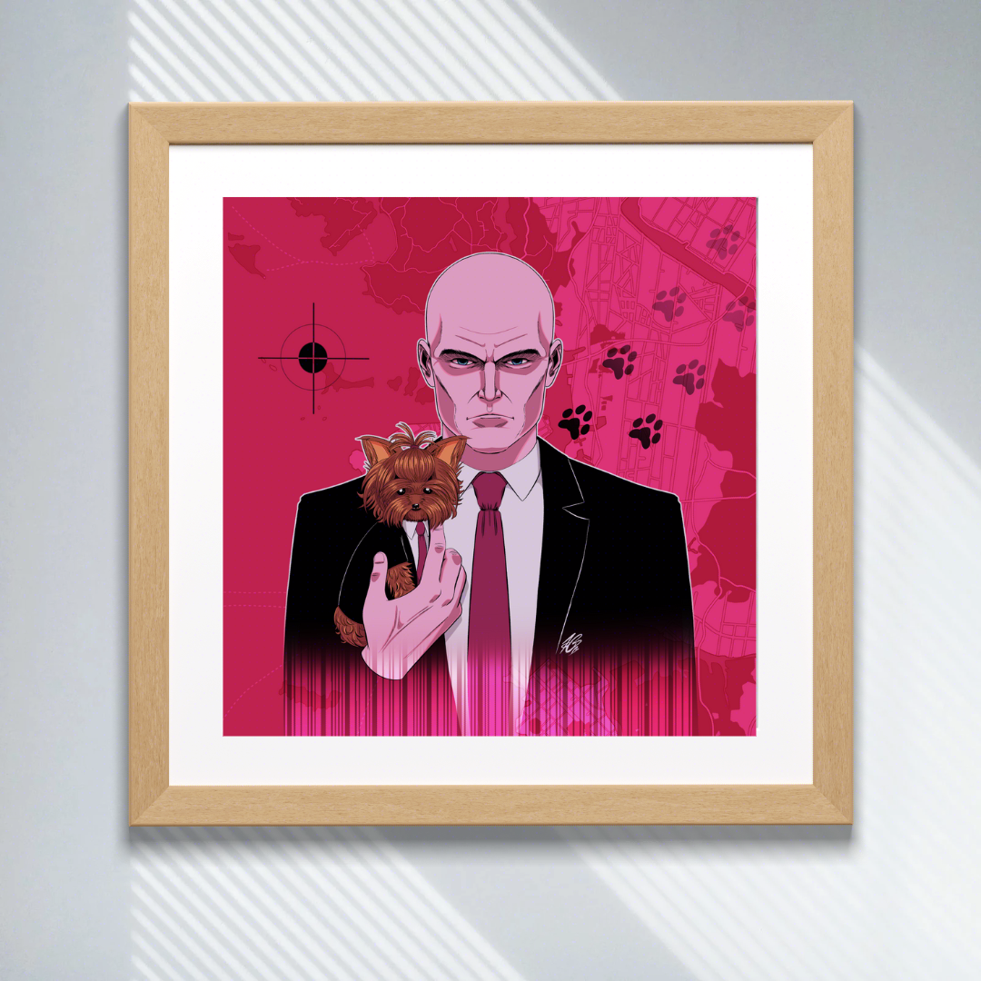 The aforementioned illustration in a mock up wooden frame placed on a grey modern wall.