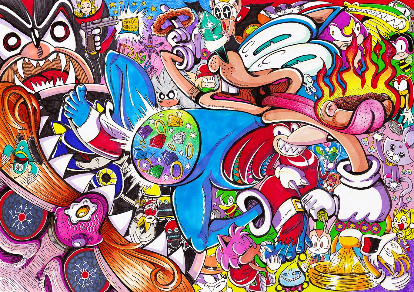 A very psychedelic and manic interpretation of Sonic the Hedgehog and all major main and minor characters from the games in a mix of different art styles. Very colourful.