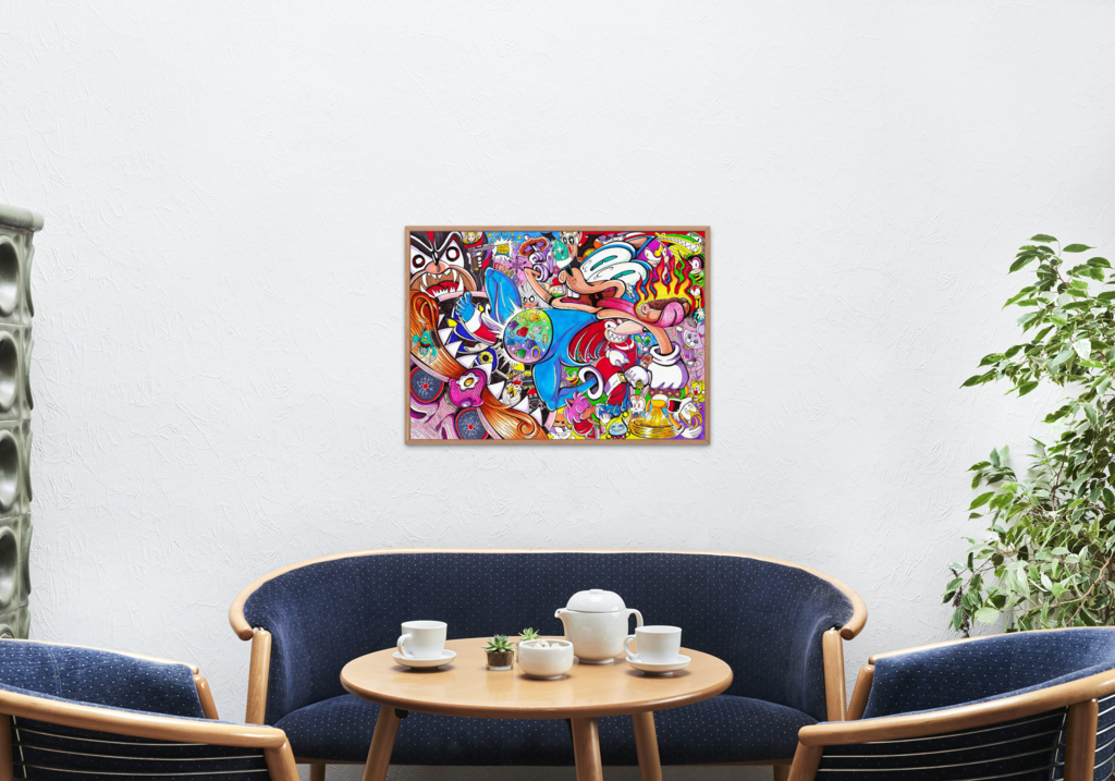 The aforementioned Sonic illustration displayed on a mock up frame hung up on a white wall above a seating area with blue chairs and couch, and a table with coffee on it.