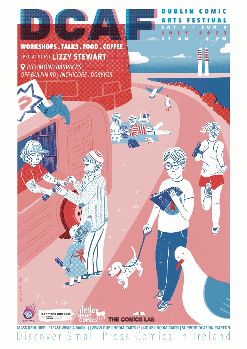 Poster for DCAF Summer Edition by Marylore, depicts a seaside scene with people having a picnic and being served comics.