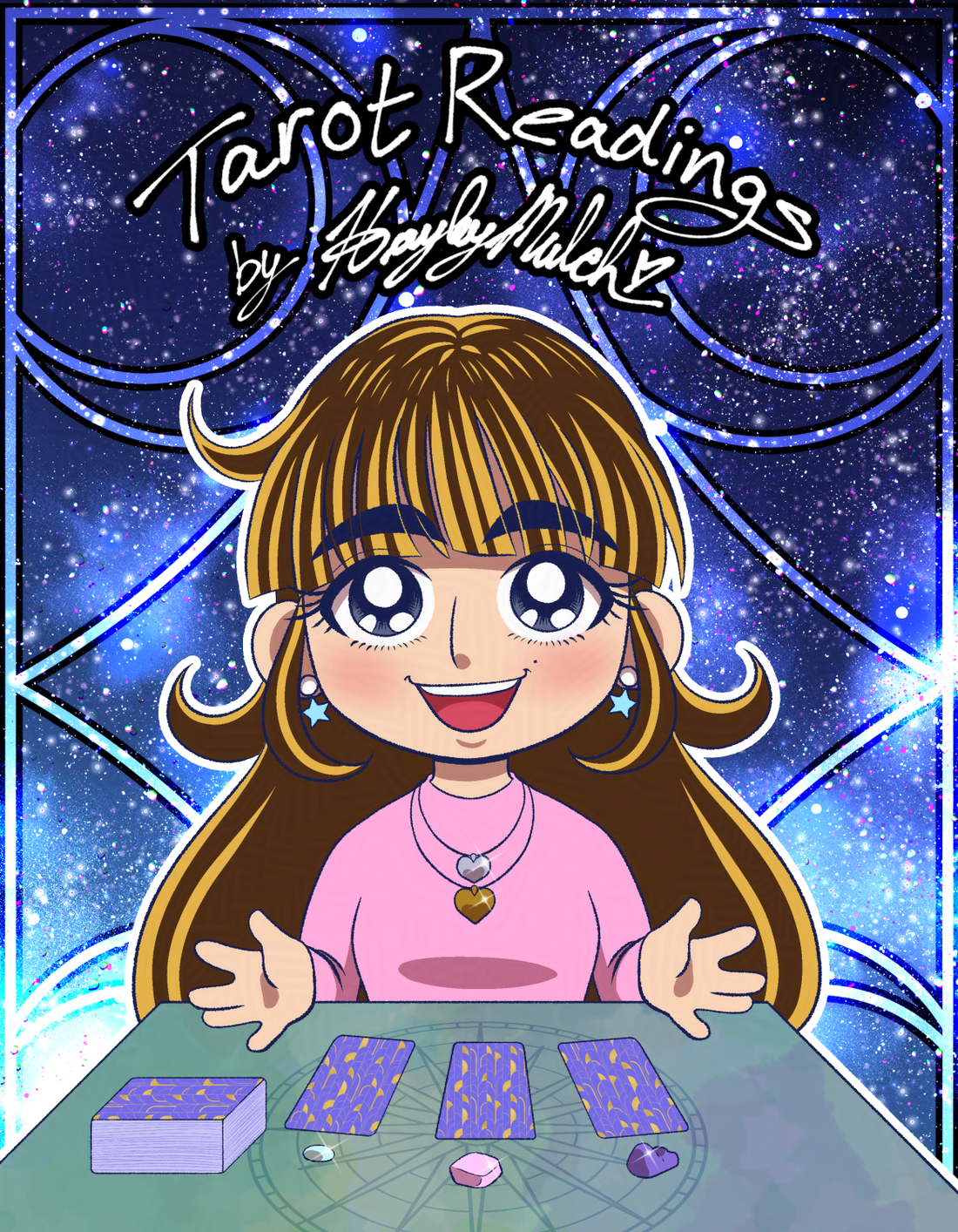 Illustration of a chibi me at a green table doing a 3 card tarot reading, with some crystals nearby. The background has ornate tarot inspired patterns overlayed on an image of outer space with stars.