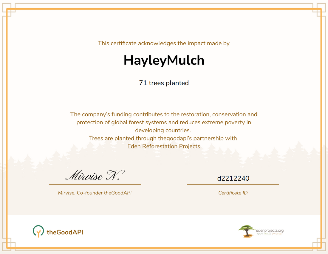Certificate showing the contribution of 71 trees planted through HayleyMulch.com.