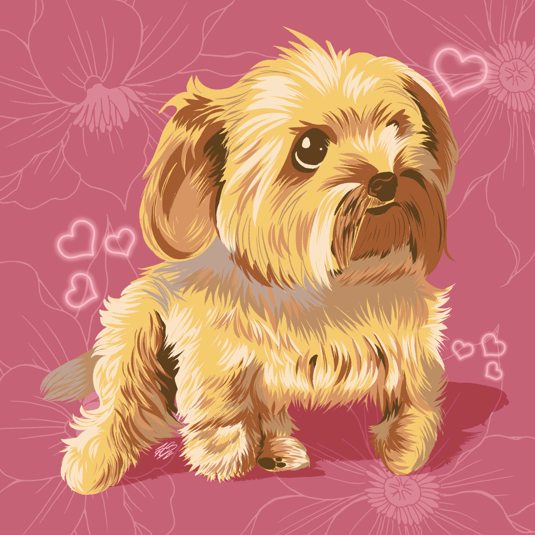 Digital painting of my old dog Flint, a Yorkshire Terrier. He's sitting sideways and looking to the right side. The background is a dusky pink with flowers. Small pink hearts surround him.