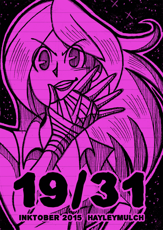 Black and pink image of a tall, slender woman with straight hair, holding up her right hand with banadges on it. Shows the title displayed as: 19/31 Inktober 2015 by HayleyMulch