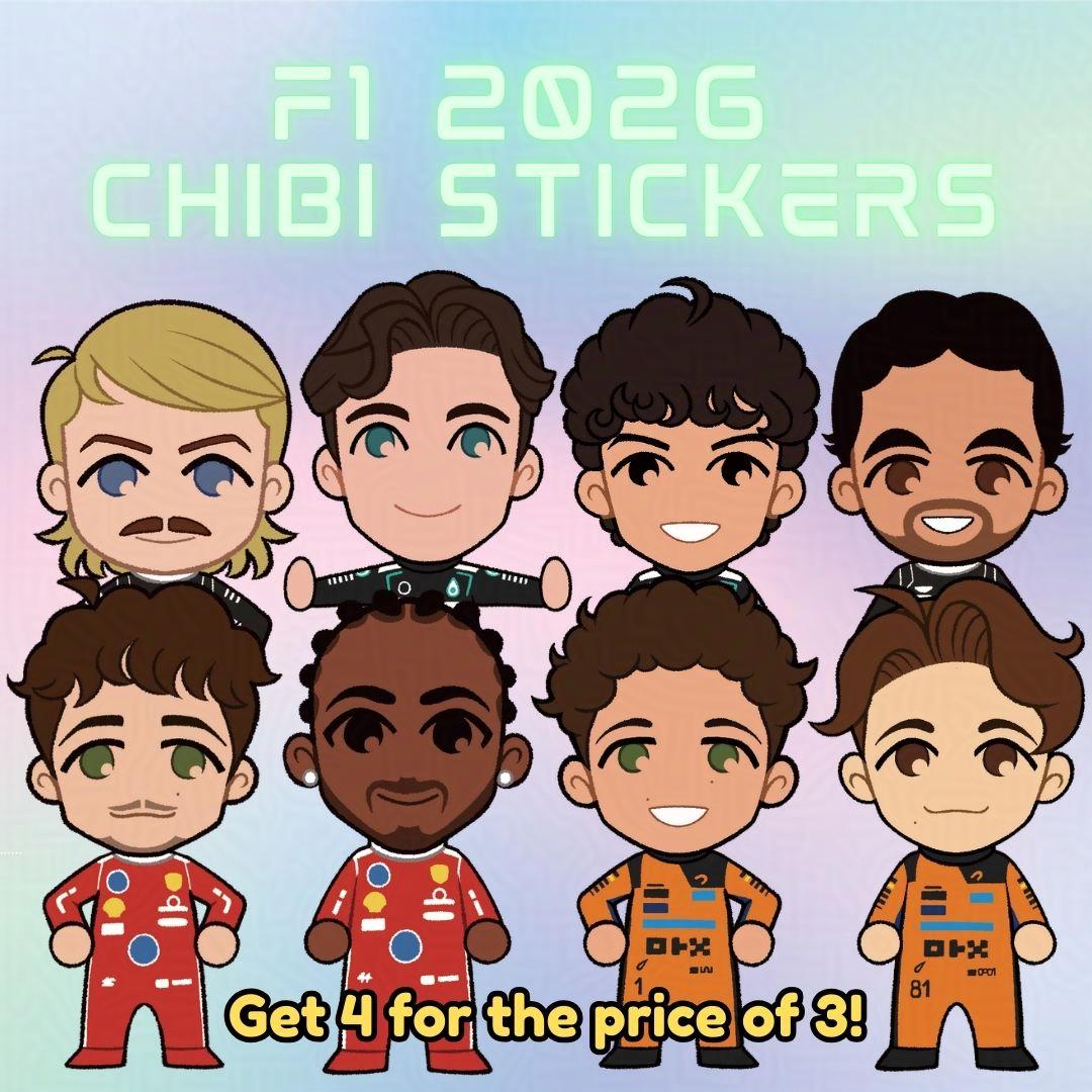Image showing the illustrations of chibi F1 drivers. Drivers shown are Valtteri Bottas, George Russell, Kimi Antonelli, Sergio Checo Perez, Charles Leclerc, Lewis Hamilton, Lando Norris and Oscar Piastri.