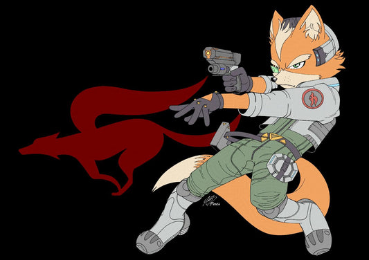 Digital illustration of Fox McCloud in a dynamic action pose where his body moves backgrounds and is aiming his Blaster forward. He looks serious. Just flat colours are used against a black background.