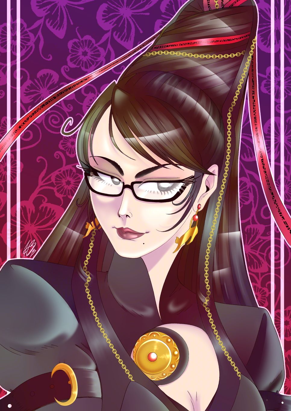 Full colour, digital illustration of Bayonetta in her design from the first game. She's illustrated from the bust up. She's looking to the right while her head is facing the left. The background is a gradient of deep purple burgundy with butterfly and flower motifs.