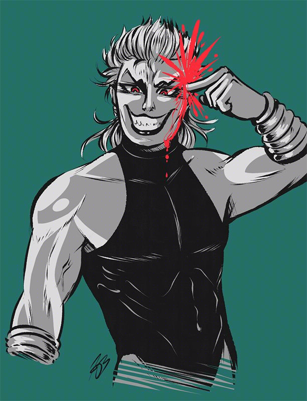 A monochrome portrait size illustration of Dio Brando from JoJo's Bizarre Adventure Part 3 Stardust Crusaders. His skin, hair and bracelets are grey and white and he's wearing his black halter top. You can see him from the waist up and his finger is sticking in really far into this head, causing blood to plat out from it. He has a maniacal grin and expression on his face with red eyes. The background is plain and is a dull, forest green colour.