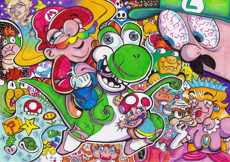 A mixed media traditional landscape sized illustration of Super Mario and other Mario characters like Yoshi, Toad, Luigi, Peach, Bowser, Rosalina and Daisy with more characters, drawn in very surreal styles with trippy, multicolours all over the page.