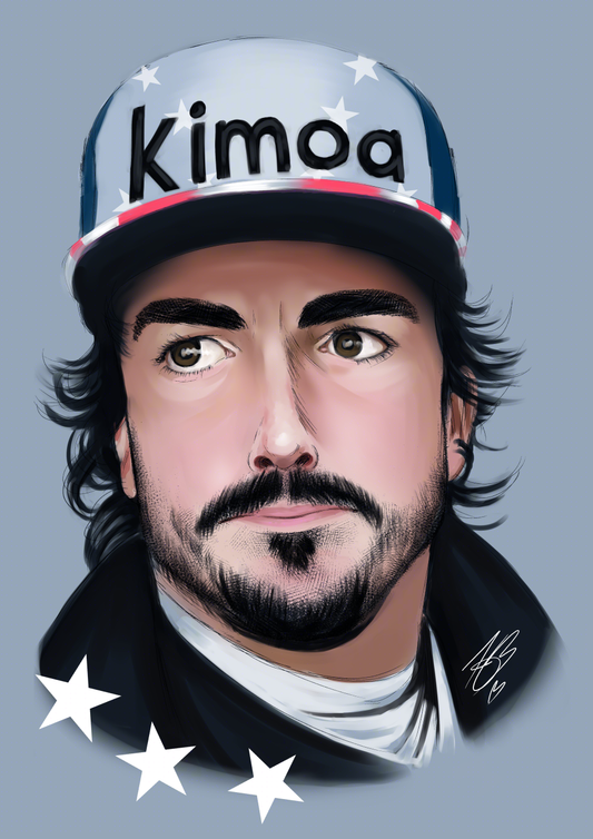 A digital, realistic portrait painting of Fernando Alonso. He is wearing an American branded Kimoa cap, and he is looking towards the left. He's wearing a black coat that you can just see the collar of. There's 3 stars to the left corner of him symbolising his attempts at the Triple Crown. The background is a blueish-grey.