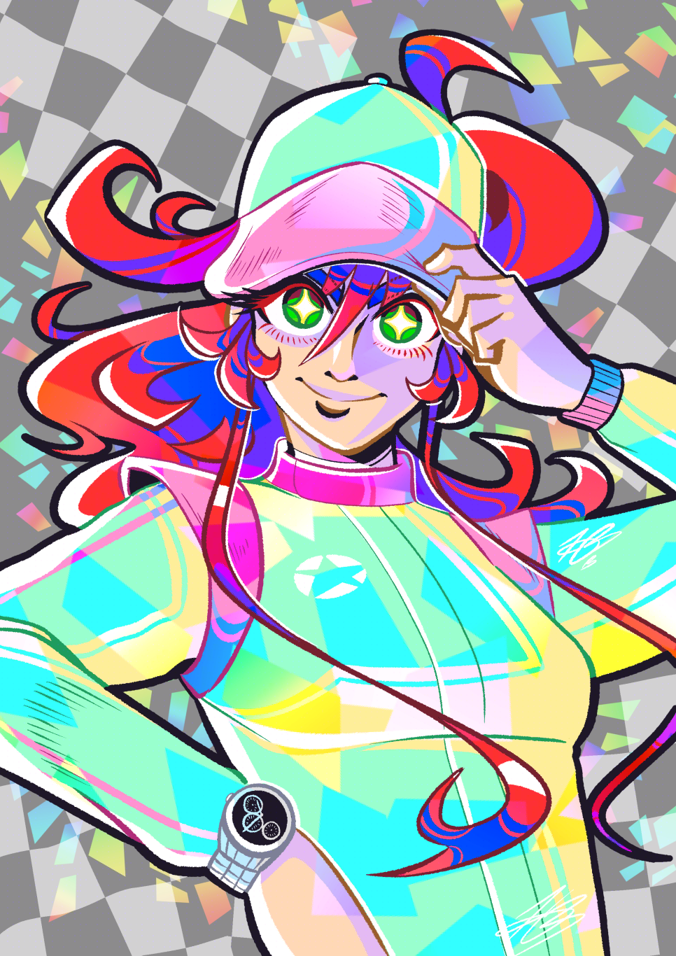 A stylistic, anime digital illustration of my character Tiffany from my comic Paradiso. It's illustrated with bold lines and a lot of solid, multi-colour areas. She is wearing her race suit which is mostly turquoise with some pink, and is wearing a turquoise cap with a pink brim, which she holds onto. She wears a silver sports watch on her other hand, and her red hair is tied up in a ponytail. There's multi-coloured confetti in the background with a white and grey chequered pattern.