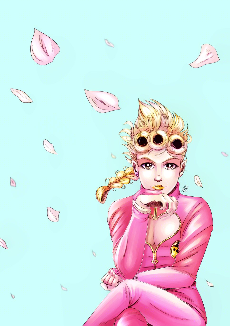 A digital anime illustration of Giorno Giovnna from Jojo's Bizarre Adventure. He is sitting down, legs crossed, with his hand on his chin, looking straight towards the viewer. He is wearing the pink version of his outfit. the background is plain bright, aqua blue, with cherry blossoms blowing in the breeze.