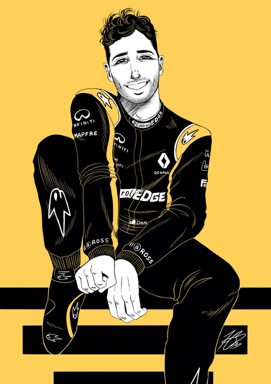 A black, yellow and white illustration of Daniel Ricciardo in his Renault race suit. He is sitting on back rectangles with one leg's foot on the ledge of that black rectangle and the other leg swinging down. His arms and hands meet in the middle of him. He's looking towards the viewer and smiling softly.