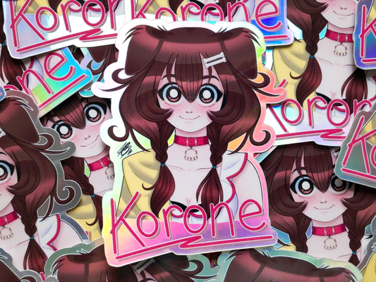 Photo of holographic stickers of hololive vtuber Inugami Korone illustrated from the bust up.