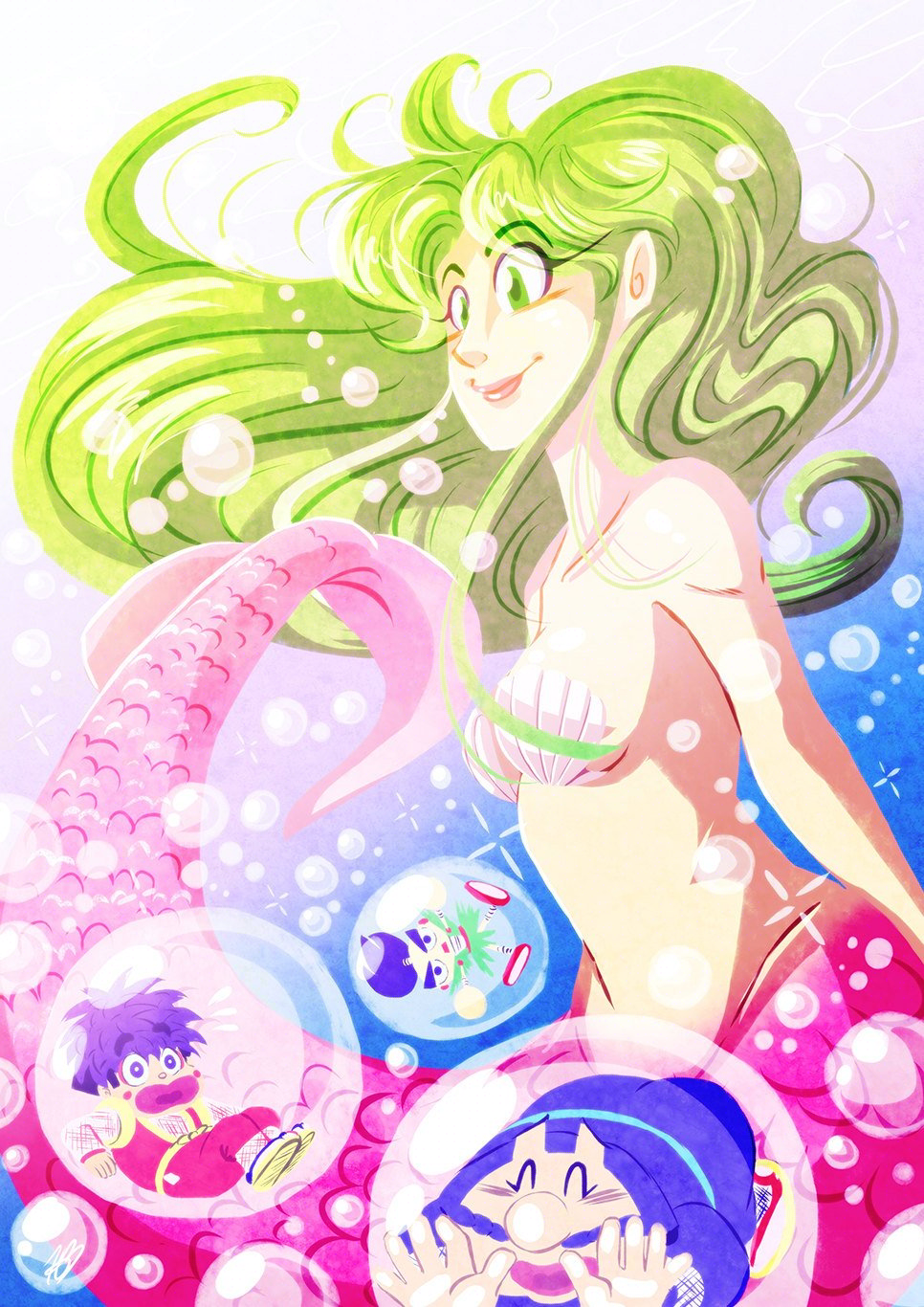 Digital illustration of a giant Yae from Mystical ninja in her mermaid form. Goemon, Ebisumaru and Sasuke are tiny and are caught up in bubbles under the water.
