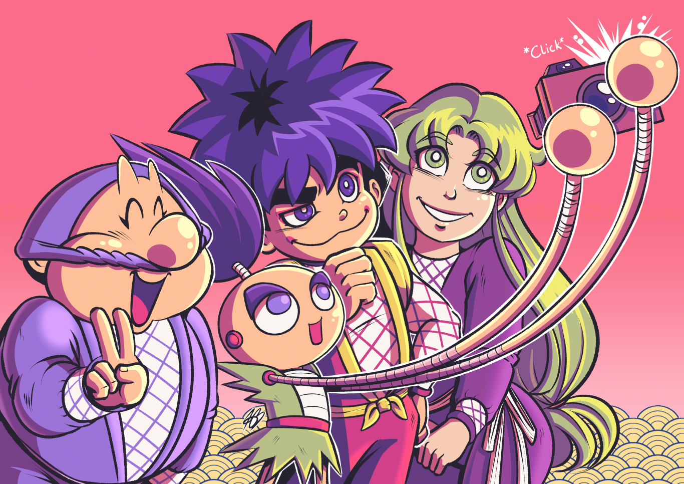 Full colour digital illustration of the 4 main characters from Ganbare Goemon (Mystical Ninja). From left to right: Ebisumaru, Sasuke, Goemon and Yae. The group are bunched together taking a selfie, with Sasuke's robot arms extending up high, holding the archaic camera towards themselves. All are smiling, and Ebisumaru is making a peace sign. The background is peachy-pink and yellow.