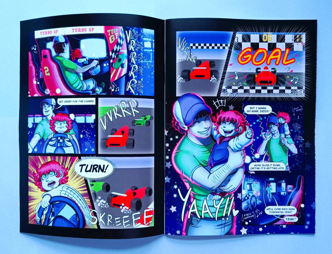 Interior pages of Paradiso where a 3 year old Tiffany and her dad are playing a racing game at an arcade.