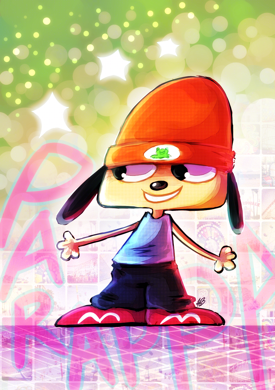 Digital illustration of Parappa The Rapper. He is standing and smiling, while looking to the left. The name Parappa is written in the background, similar to graffiti. The background is a mix of green sparkles and bokeh, with a colourful collage of a fun fair.