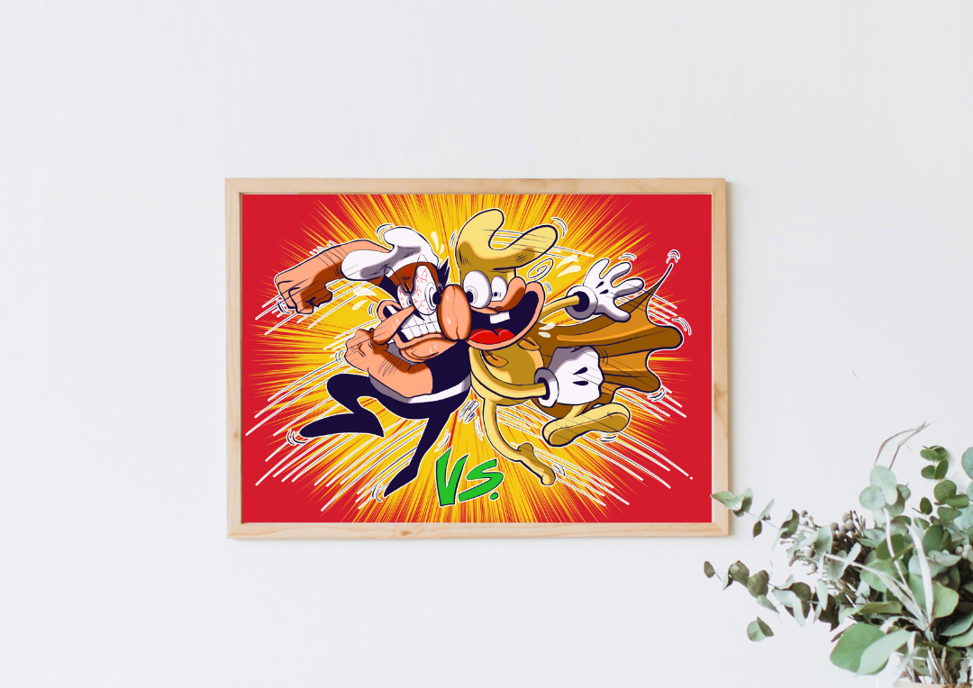 The aforementioned illustration shown in a mock up wooden frame, hung up on a white wall with a green plant poking up from the bottom right corner.