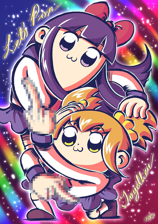 A digital, multicoloured illustration of Popuko and Pipimi from Pop Team Epic. They are dancing with Popuku flipping 2 birds that are censored out. The text "Let's Pop Together" is shown on the illustration.