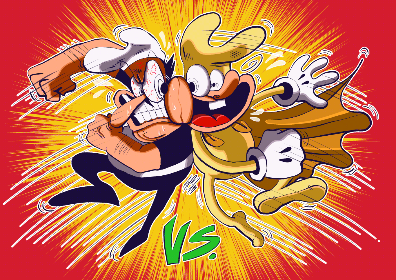 Full colour illustration of Peppino and The Noise from Pizza Tower bashing into each other, cheek-to-cheek in combat. There's a red and yellow action flash behind them and the VS. symbol is shown below them.
