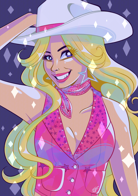 Digital illustration of Margot Robbie as the Barbara Fashion Doll dressed in her cowgirl hat and outfit from the movie, from the waist up. It's drawn in a stylistic style, a mix of cartoony and anime. The colours are bright and vivid. Sparkles surround her as her right arm is help up behind her hat. She's smiling and looking towards the viewer.