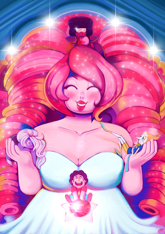 A full colour digital painting of Rose Quartz from Steven Universe. Around her are the Crystal Gems. On the top of her head is Garnet. In her right hand is Amethyst and in her left hand is Pearl. And sitting on Rose's gemstone on her navel is Steven, looking up at his mom with a massive smile on his face. They are all happy and content, with Rose's eyes closed and her grinning.