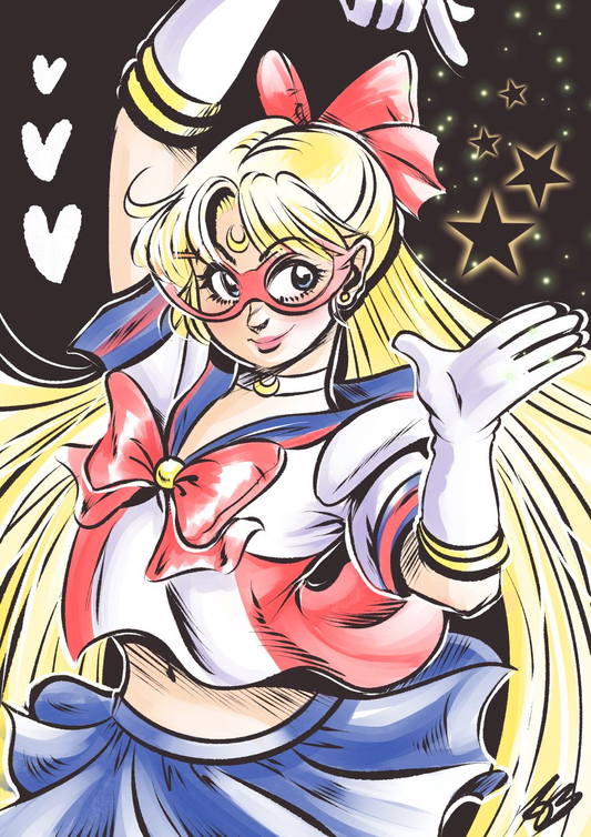 A full colour digital illustration of Sailor V from the wait up and showing some of her skirt. She's smiling towards the viewer and has her right arm above her head and her right hand pointing downwards, with her left hand opened outwards. The black background shows stars and hearts.
