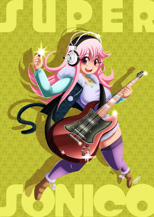 A digital full colour illustration of Super Sonico. She's dressed in her main outfit from the anime, which is a hoodie with a cat tail, a white top, mini skirt and long purple thigh-high socks with fuzzy brown boots. She's playing her red guitar and has her plectrum in her right hand about to strum. She's smiling with her mouth opened. The background is lime green with a star pattern. SUPER is written on top and SONICO is written at the bottom.
