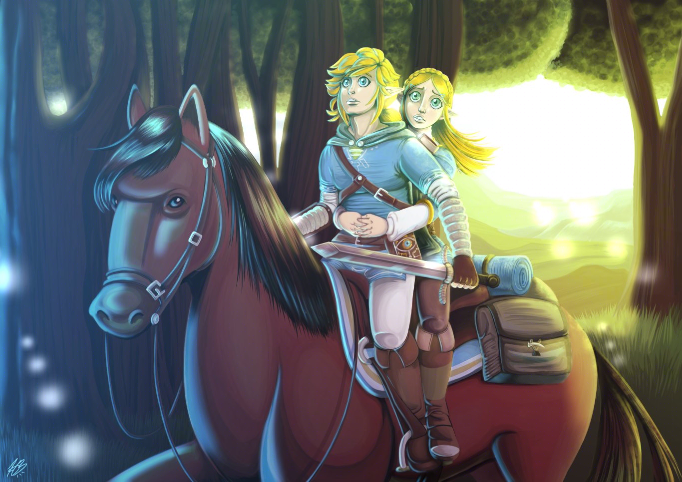 Digital painting of Link and Zelda riding on a horse from Breath Of The Wild. They are entering a forest and are looking towards a blue light. Link holds a sword in his hand with Zelda is holding onto him, sitting behind him. They both look a mix of awestruck and concerned.