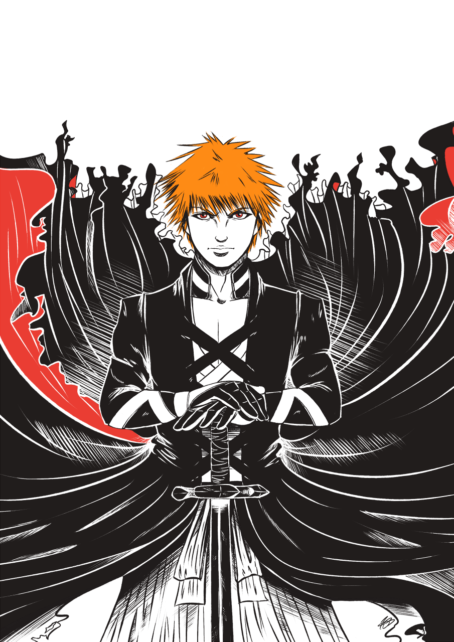 A black, white, red and orange illustration of Ichigo Kurosaki from Bleach. He is standing facing forward towards the viewer. His hands rest on the handle of his Zangetsu, pointing down to the ground. His soul reaper clothes are flowing out behind him.