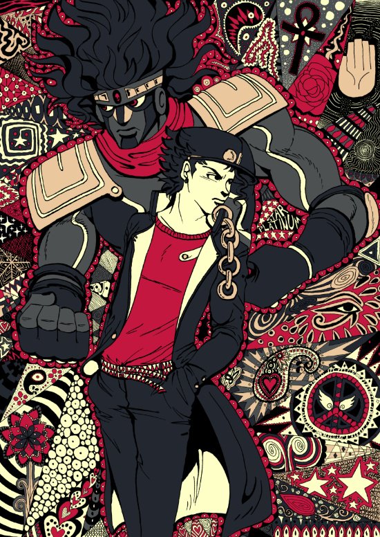 Mixed media illustration of Jotaro Kujo and Star Platinum from JoJo's Bizarre Adventure. The lineart was drawn in ink and it was coloured digitally. Colours are in red, light yellow, grey, dark grey and black. The background has a variety of different floral and paisley patterns.