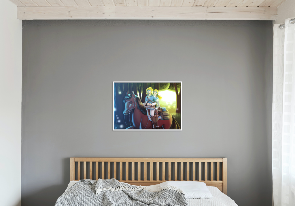 The aforementioned illustration of Link and Zelda displayed in a mock-up frame for real life reference. It's in a white frame hung on a grey wall above a bed.