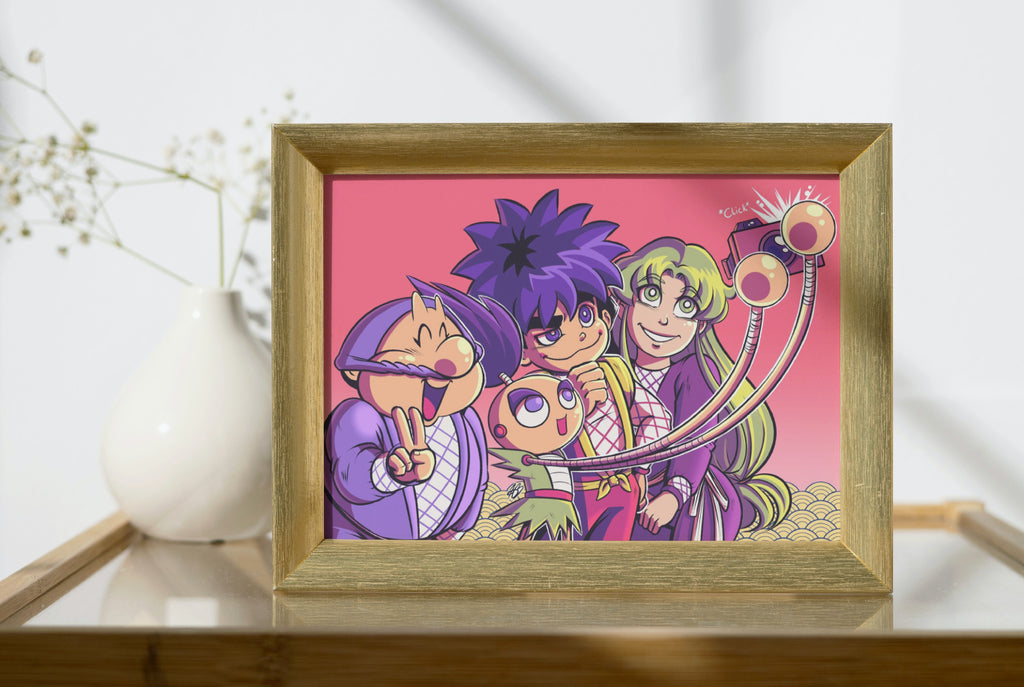 The aforementioned illustration of the Mystical Ninja characters displayed in a mock-up frame for real life reference. It's in a small wooden frame, placed upon a wooden table with a glass top. There's a white vase of baby's breath behind it.