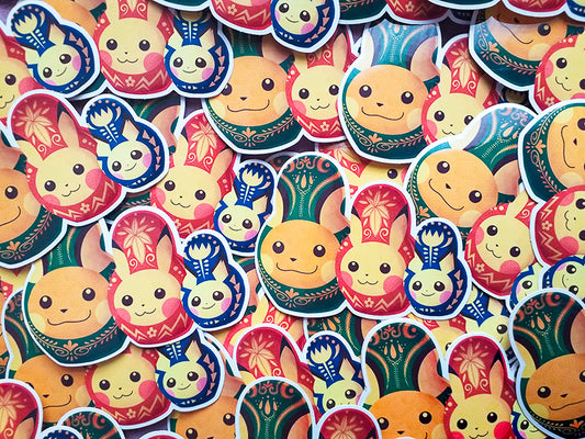 Stickers of a matryoshka design with 3 different sized dolls showing Pichu on the smallest doll, pikachu on the middle sized doll and Raichu on the largest doll.