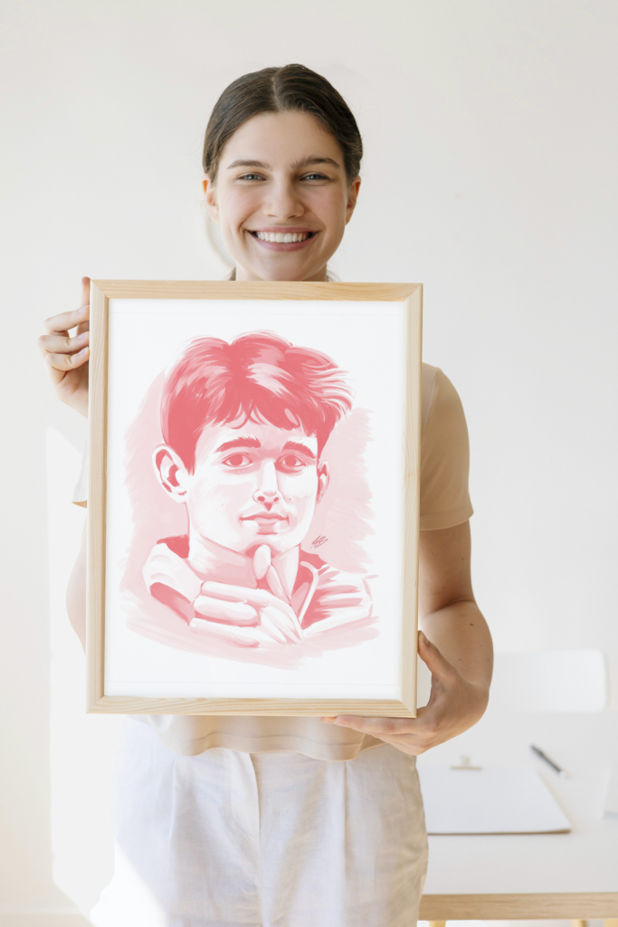 The aforementioned painting of Leclerc in a mock up frame being held by a white woman with her brown hair tied up and smiling.