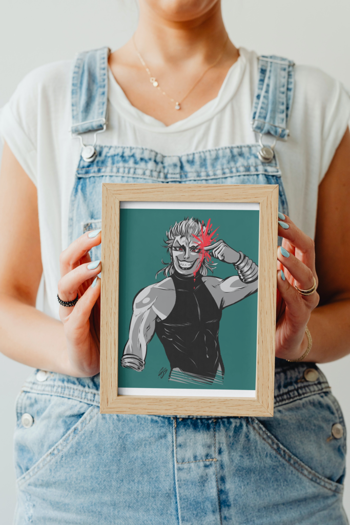 The aforementioned Dio Brando illustration shown in a mock-up display frame for real life reference. It's shown in a small A5 wooden frame, which someone is holding up from behind. They are wearing a white t-shirt with blue denim dungarees, and their head is out of shot.