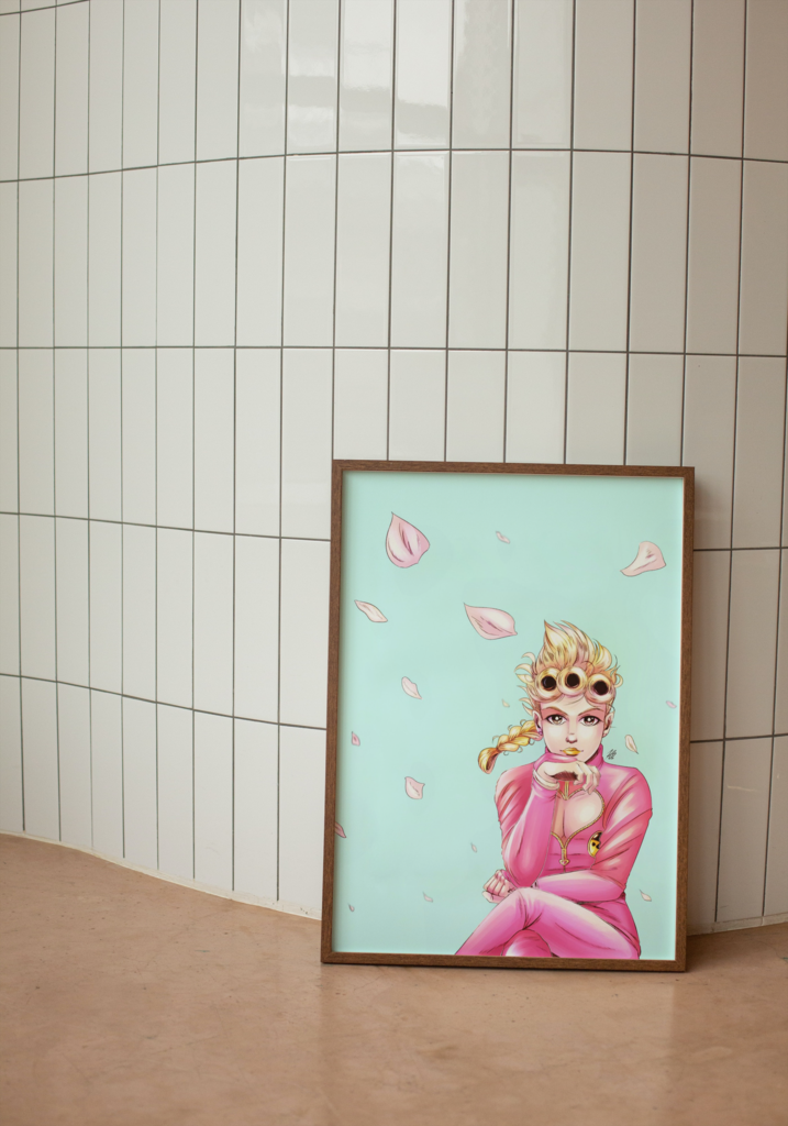 The aformentioned Giorno illustration shown in a mock-up display frame for real life reference. It's in a large wooden frame, placed on a brown, laminated floor. It rests against a white, tiled wall.