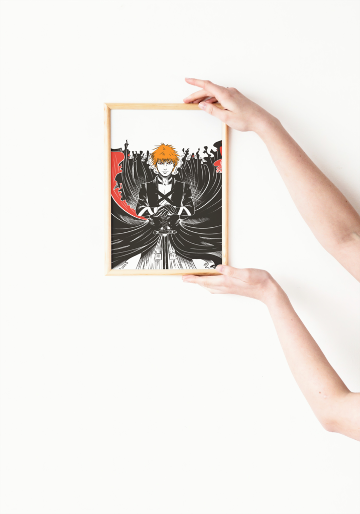 The aforementioned illustration of Ichigo displayed in a mock-up frame for real life reference. It's being held up by 2 human, white arms from the side of the photo, against a white background.